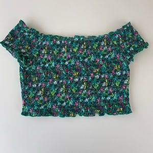 GREEN H&M SMOCKED OFF THE SHOULDER TOP